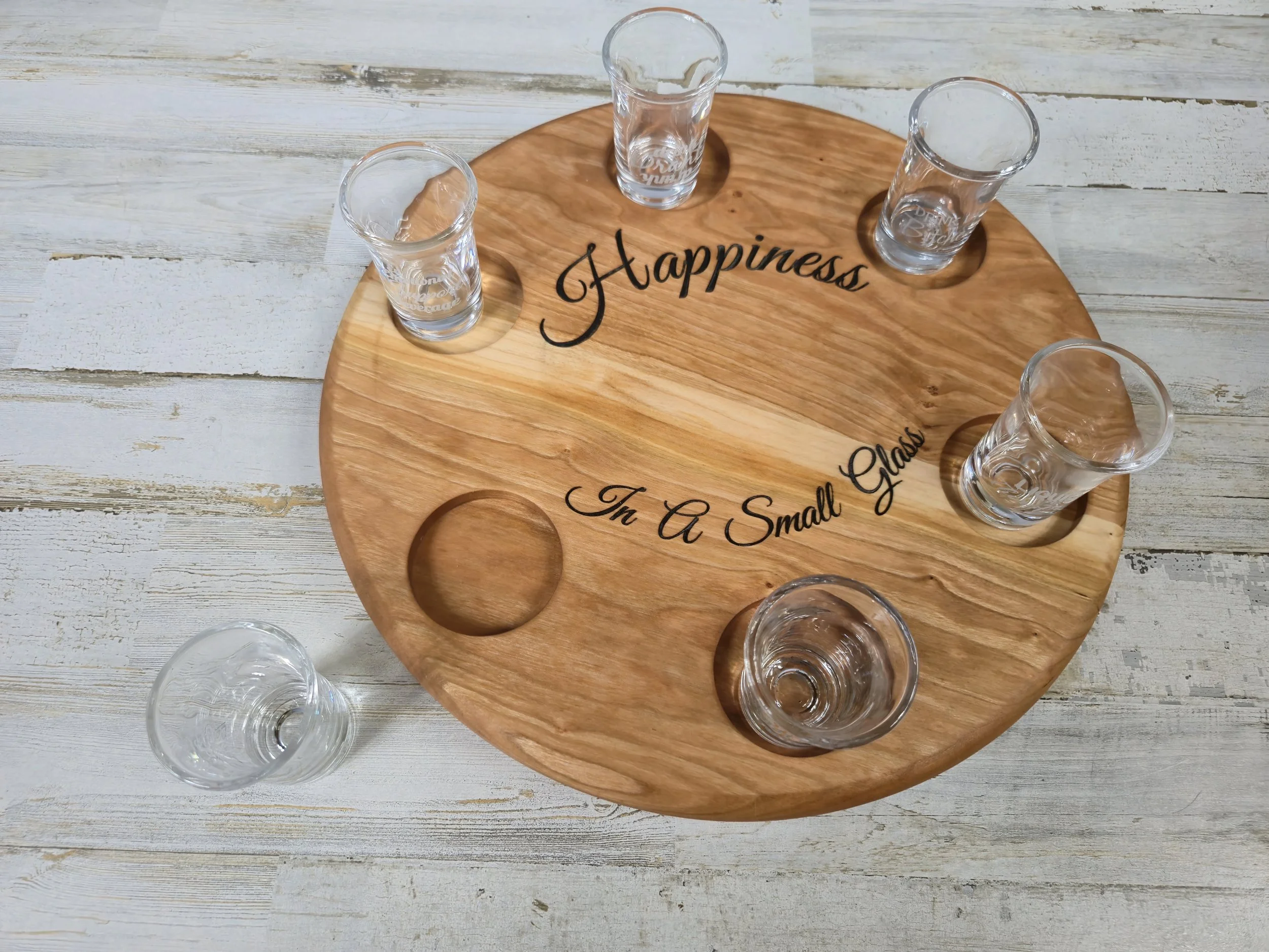 Handcrafted Personalized Cherry Wood Shot Glass Serving Tray - 12 Inch Diameter | Shot Glass Party T — C&C Custom Crafts